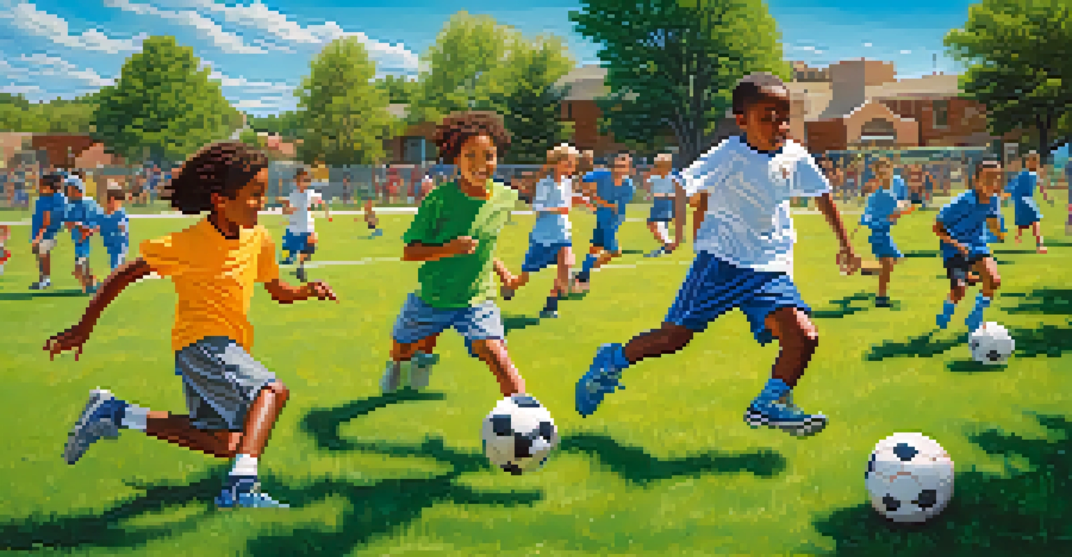 Children of diverse backgrounds playing soccer in a community park in Denver, with families cheering on the sidelines.