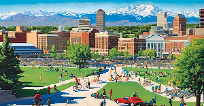A scenic view of Denver's skyline with the Rocky Mountains in the background, under a clear blue sky. People are seen enjoying outdoor activities in a park.