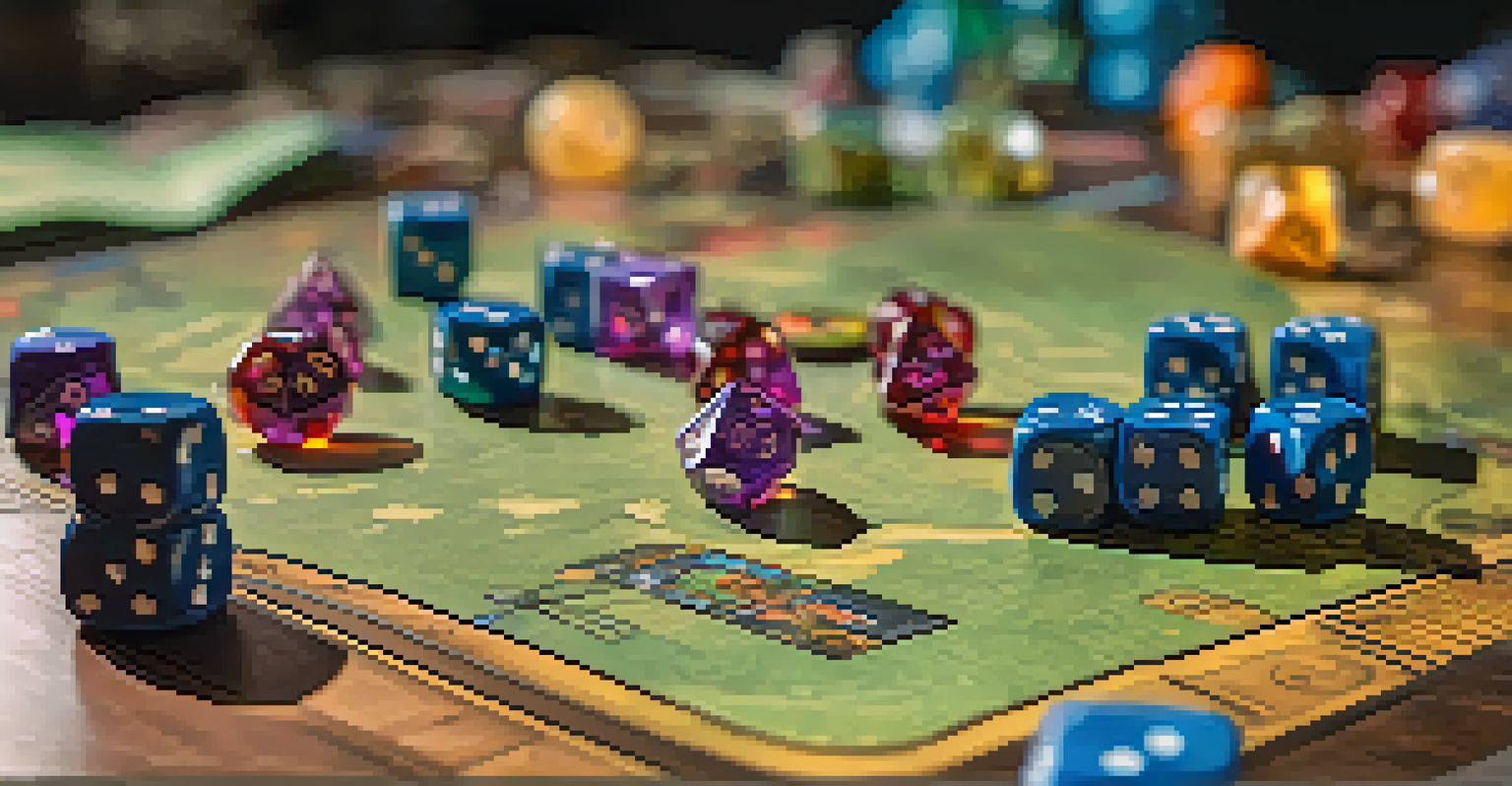 A close-up of a tabletop RPG game board with miniatures, dice, and players discussing strategies under soft lighting.