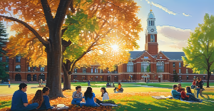 A diverse group of students discussing under a large tree on the University of Denver campus during sunset.