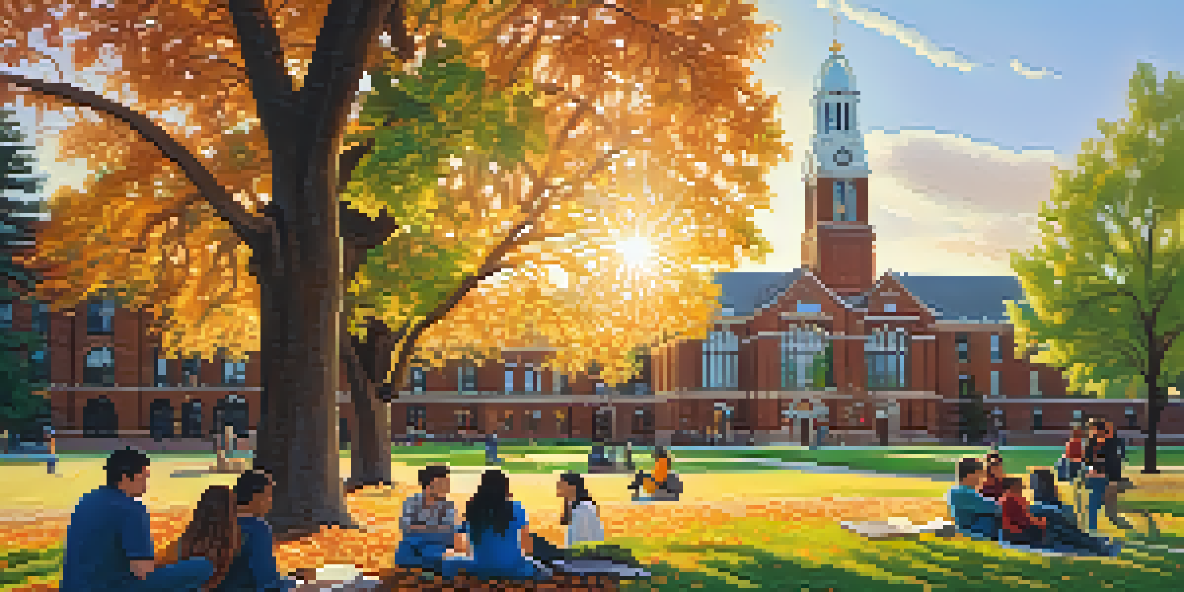 A diverse group of students discussing under a large tree on the University of Denver campus during sunset.