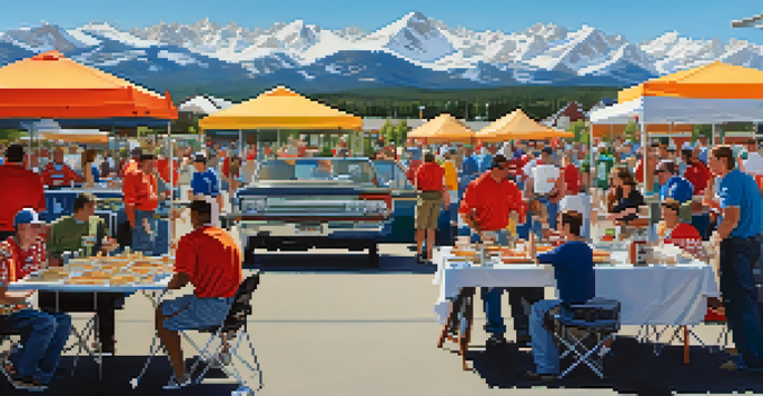 A lively tailgating party in Denver with fans grilling and enjoying food, surrounded by team flags and the Rocky Mountains in the background.