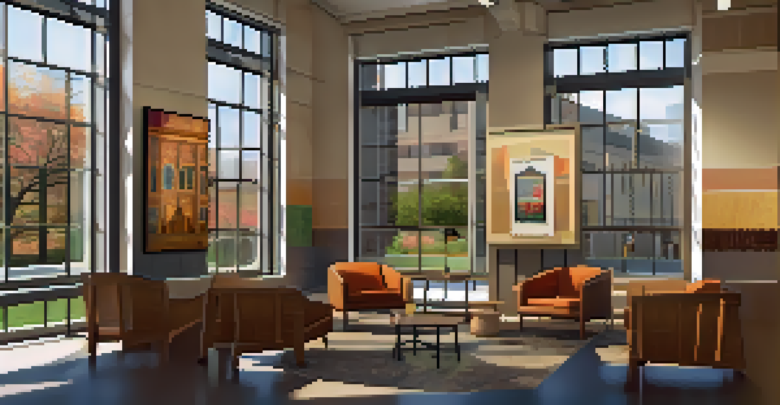 A cozy reading nook inside the Blair-Caldwell African American Research Library, filled with warm lighting, comfortable seating, and cultural art on the walls.