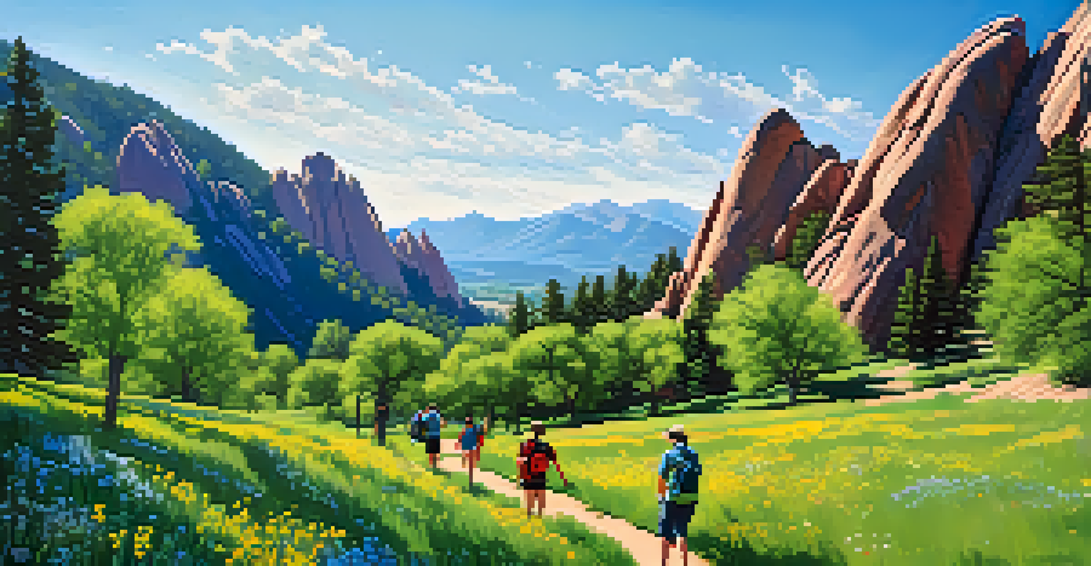Hikers on a green trail at the Flatirons during spring, with colorful flowers and the iconic rock formations in the background.