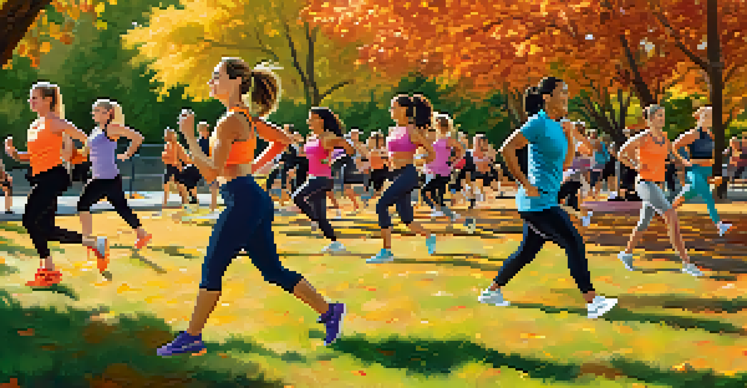 A diverse group of people participating in an outdoor fitness class in a park during autumn, with colorful trees and sunshine.