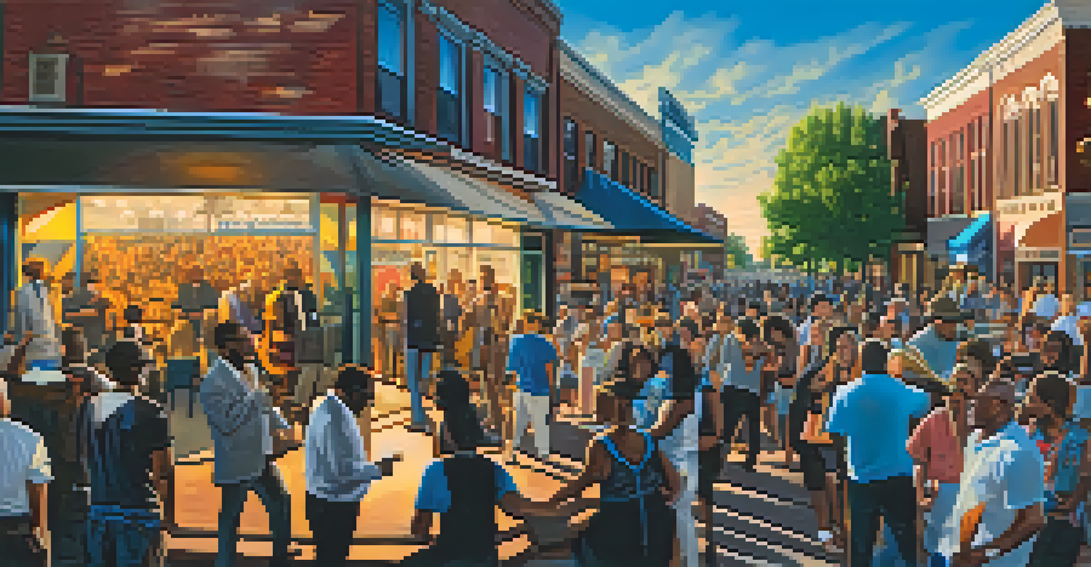 A jazz performance in Five Points, Denver, with vibrant street art and a lively crowd enjoying the music.