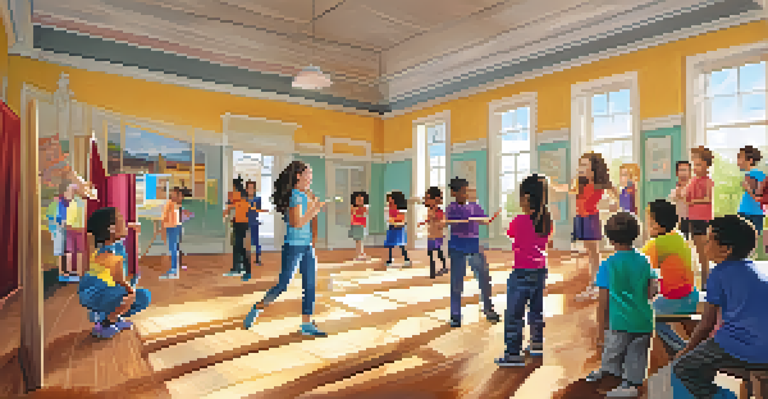 A vibrant theater workshop scene with children and adults engaged in acting exercises, surrounded by colorful props.