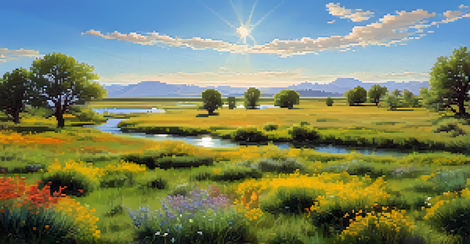 A picturesque spring scene in a wildlife refuge, featuring birds in the sky, deer on the grass, and blooming flowers with a bright sun.
