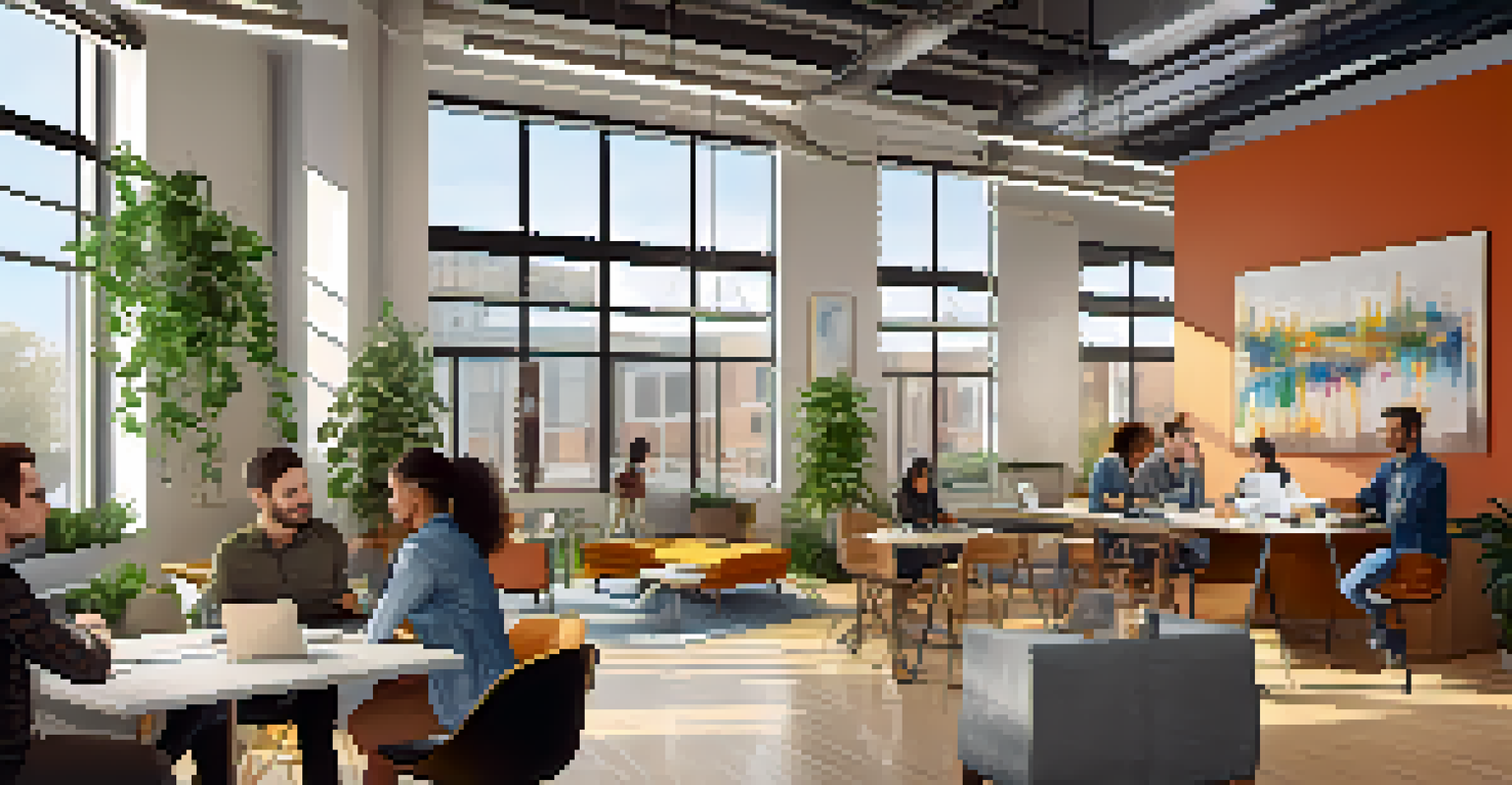A bright co-working space in Denver with diverse people working together, surrounded by modern furniture and plants.