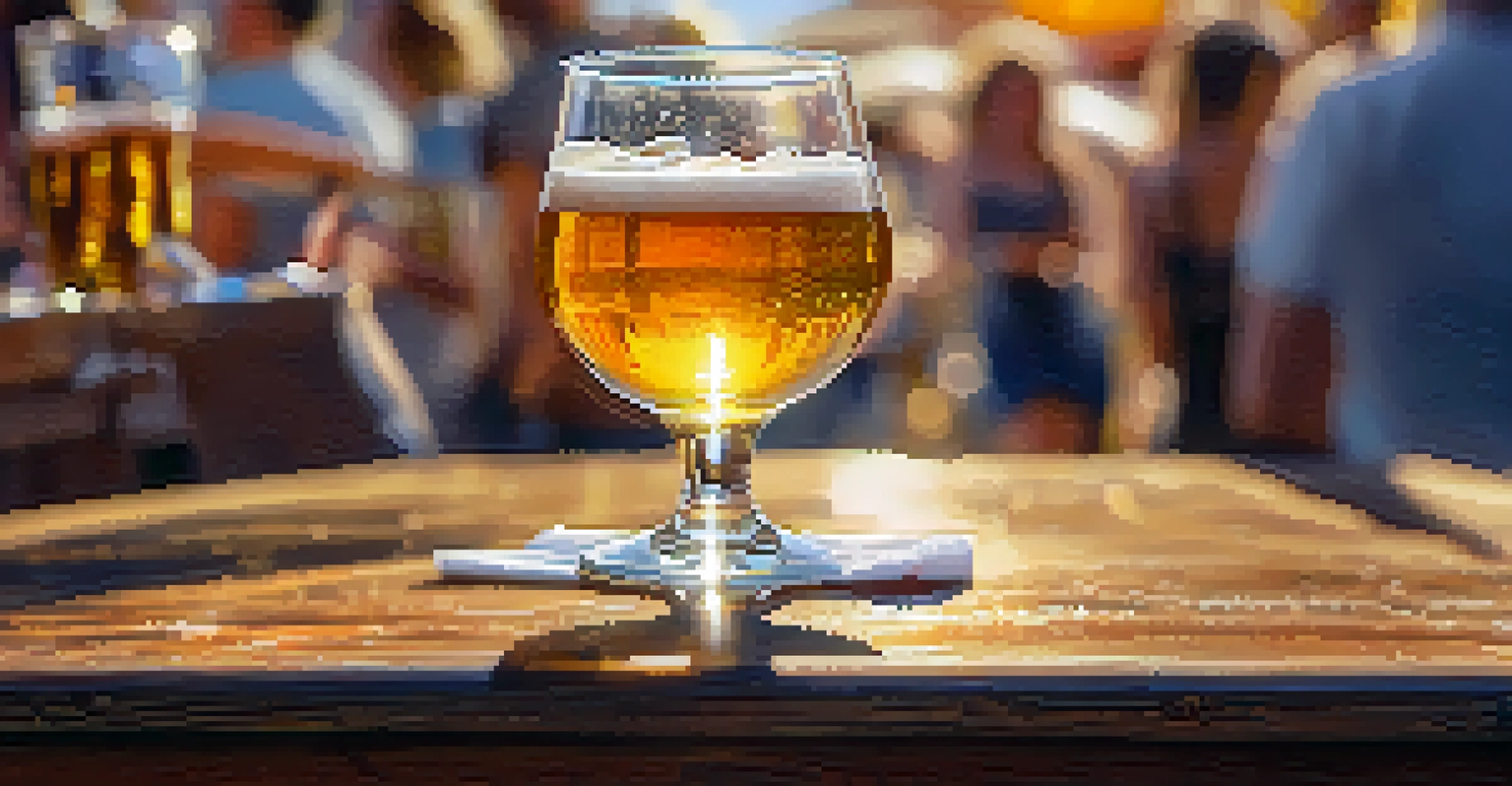 A close-up of a golden craft beer in a tasting glass on a wooden table, with blurred festival-goers in the background.
