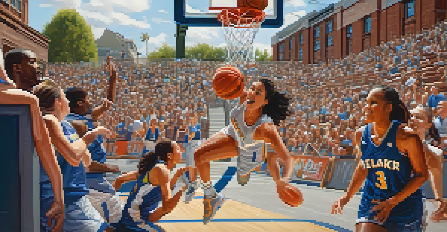 A female basketball player executing a slam dunk in a game, showcasing her athleticism and strength, with excited fans visible in the background.