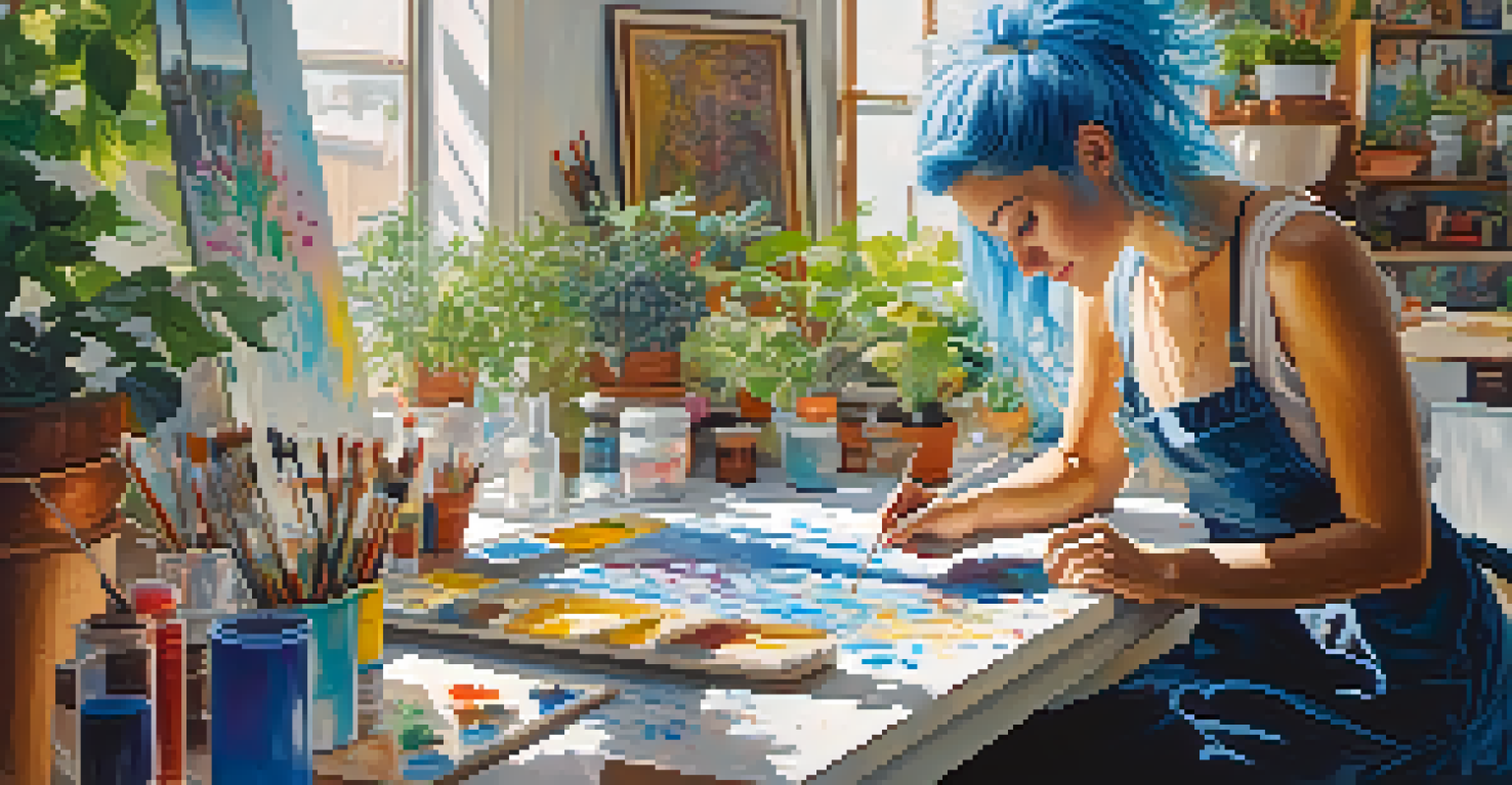 A young woman artist with blue hair painting in a sunny studio filled with plants, surrounded by her vibrant artworks.