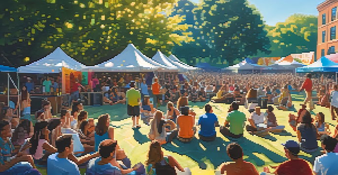 A lively outdoor music festival with a colorful crowd and musicians performing on stage.