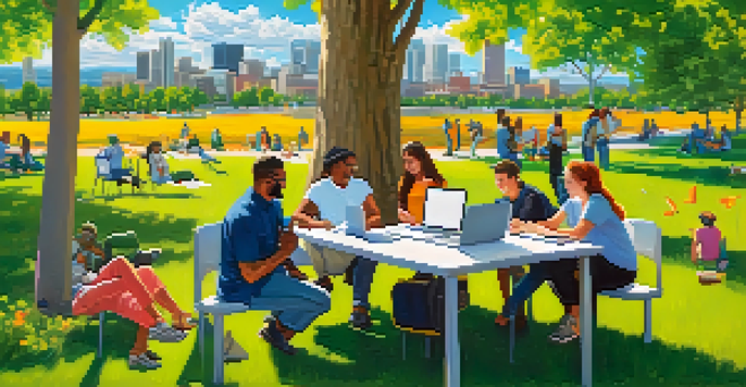 A diverse group of gig workers in Denver's park, including a graphic designer with a laptop and a teacher tutoring a student, surrounded by nature.