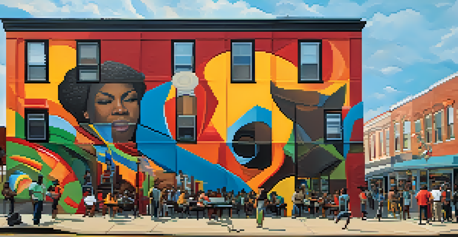 A colorful mural celebrating African American culture in Denver's Five Points neighborhood, with a community gathering in front.