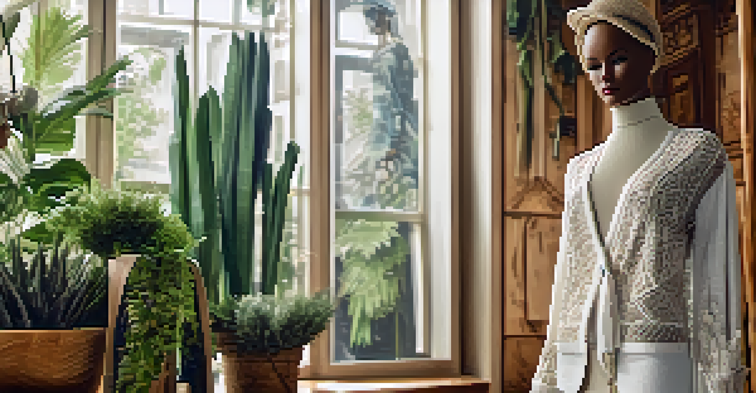 A close-up of a stylish outfit made from organic fabrics on a mannequin in a boutique.