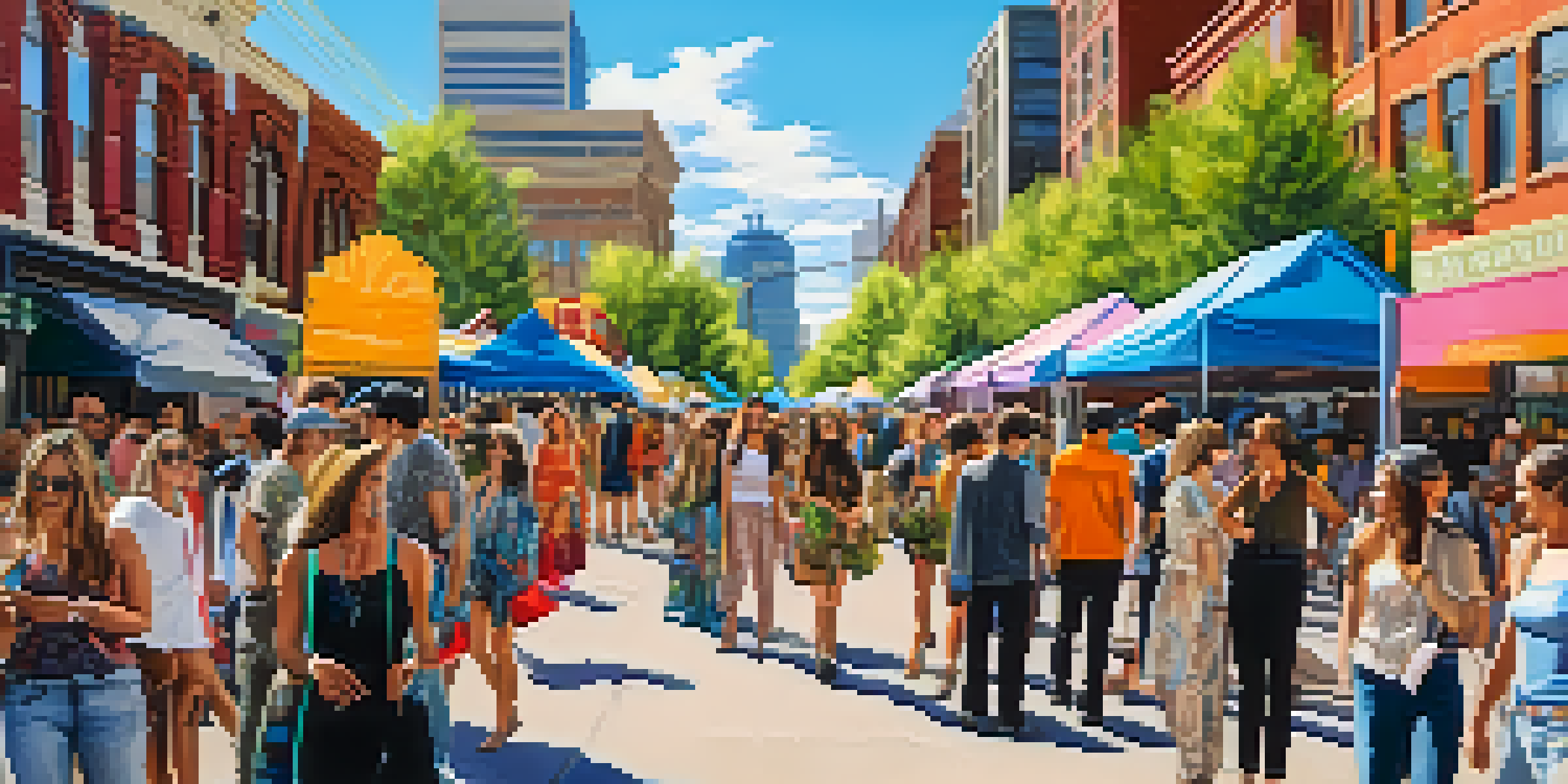 A bustling sustainable fashion market in Denver with colorful stalls and diverse shoppers.
