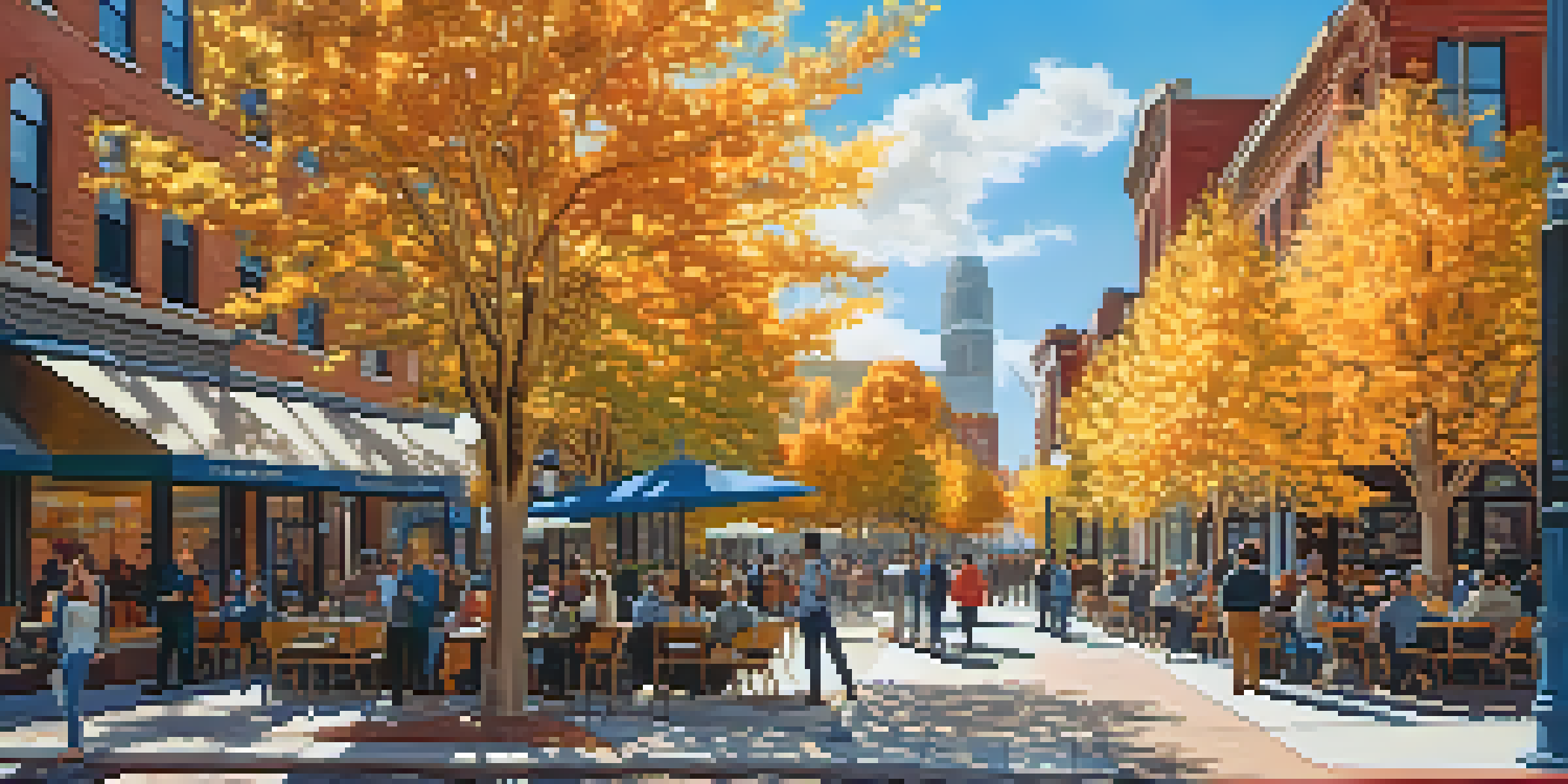 A lively street in Denver with tech professionals talking outside a café, surrounded by colorful autumn trees and sunlight filtering through.