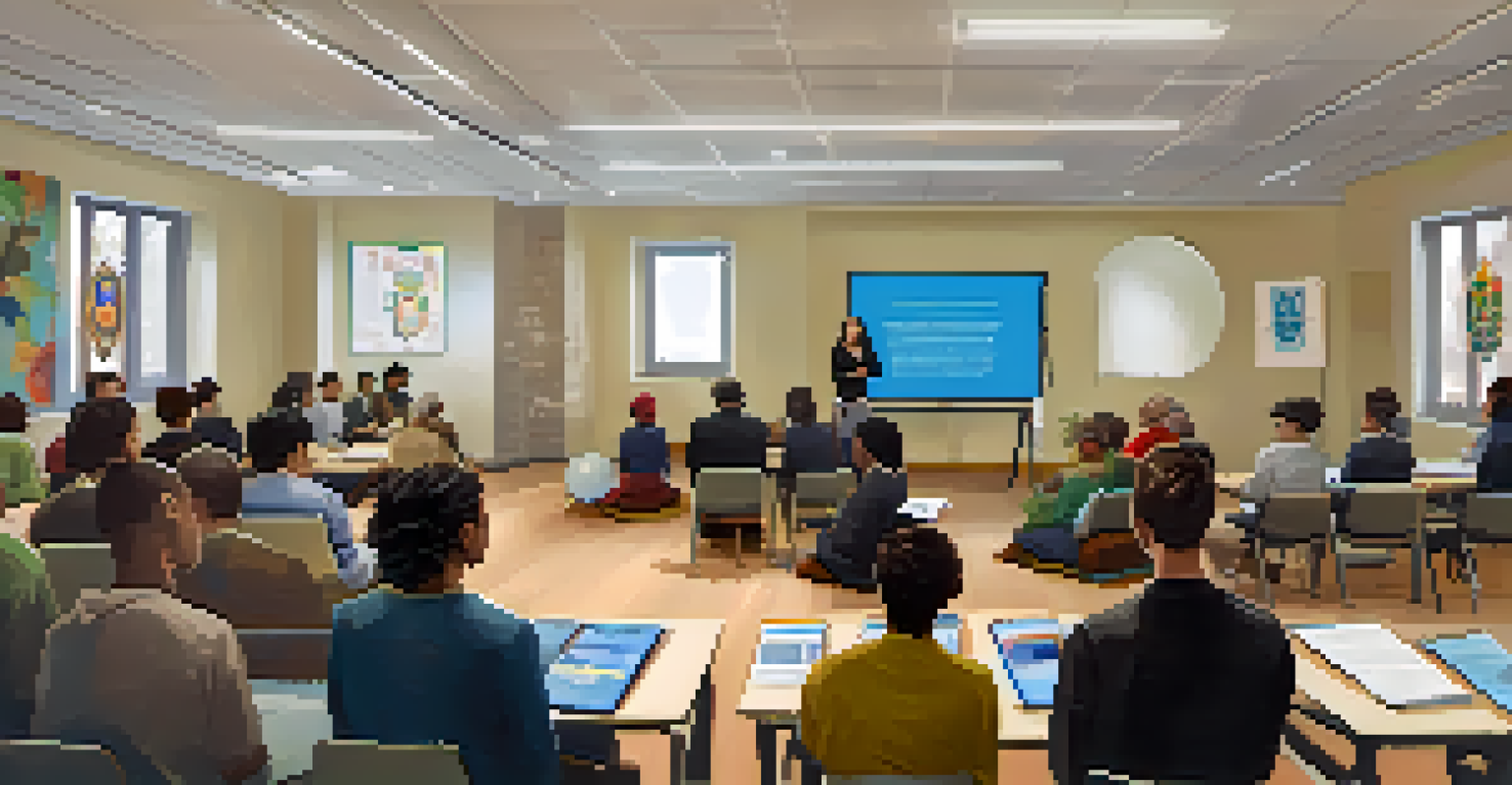 Participants at an interfaith educational workshop in a classroom, attentively listening to a speaker and engaging with materials.
