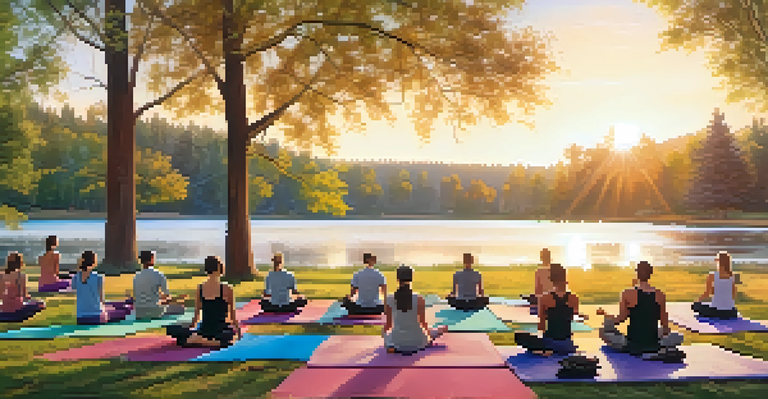 Participants of different ages practicing yoga outdoors in a park at sunrise, with trees and a lake in the background.