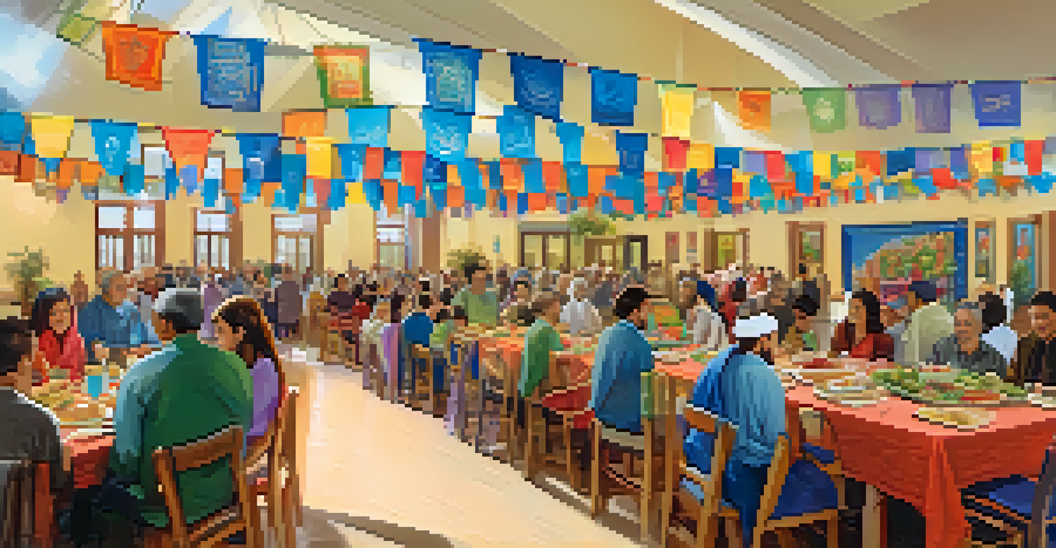 A community center decorated for an interfaith event, with tables of diverse food and people interacting happily.