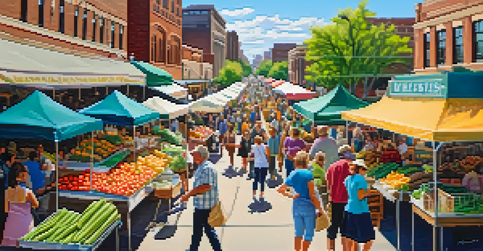 A bustling farmers market in Denver with colorful stalls and people shopping for fresh produce.