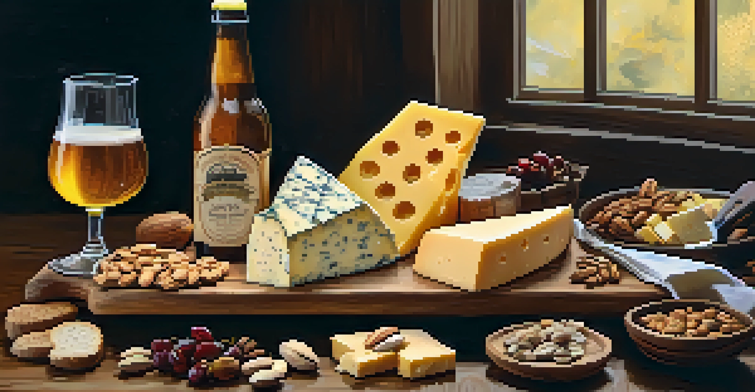A rustic cheese board with different cheeses, nuts, fruits, and craft beer arranged on a dark wooden table.