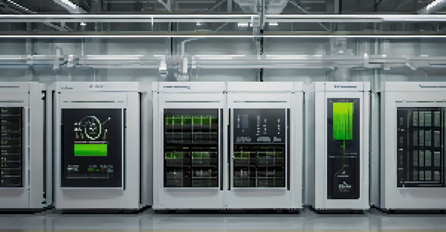 A detailed view of advanced battery storage technology in a modern facility, with ambient lighting and a digital screen displaying energy data.