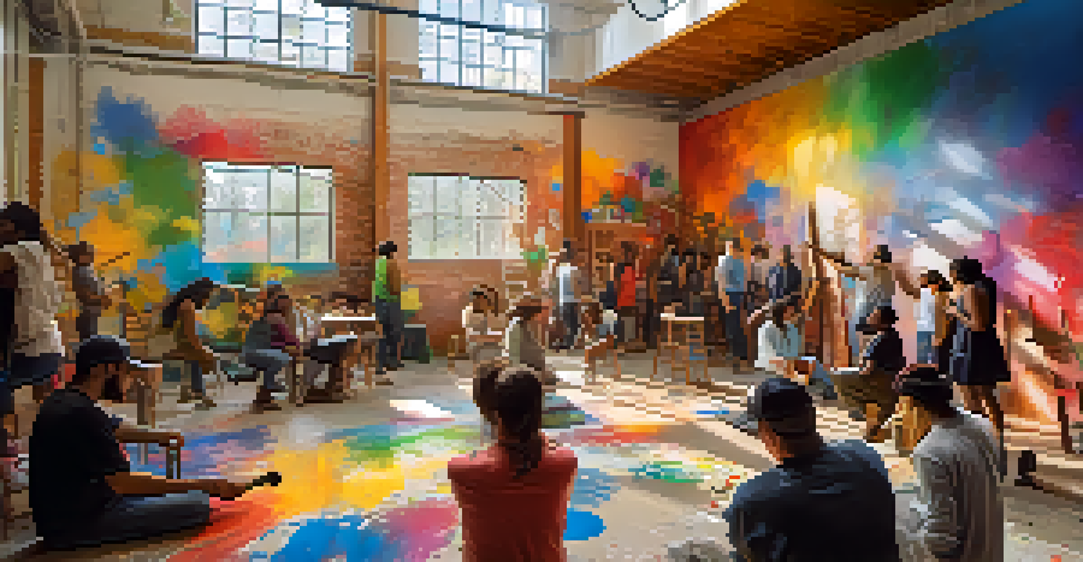 A community workshop with an artist painting a mural while locals participate and share ideas, filled with colorful art supplies.