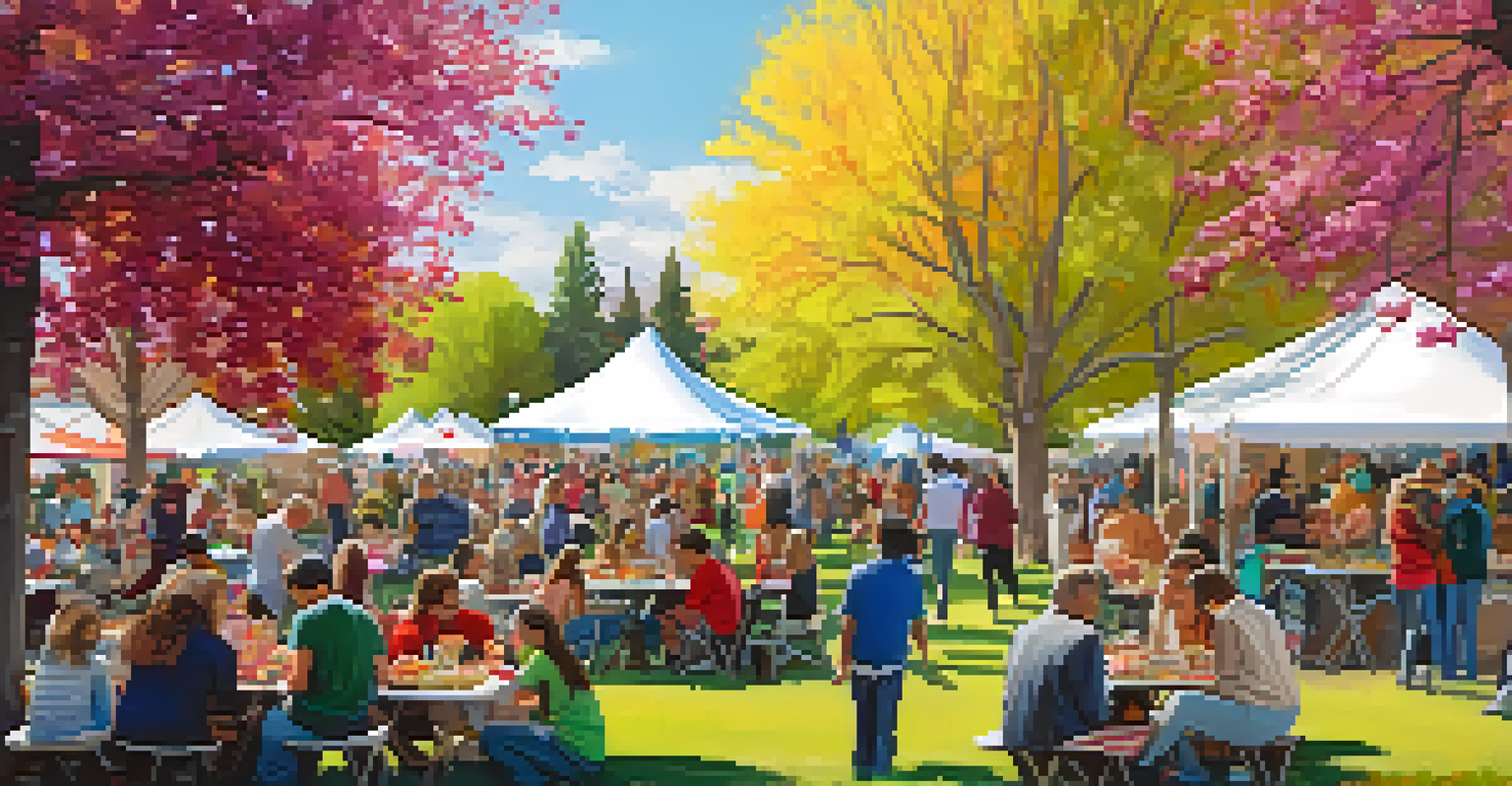 A spring festival in a Denver park with people enjoying food and music amidst blooming flowers.