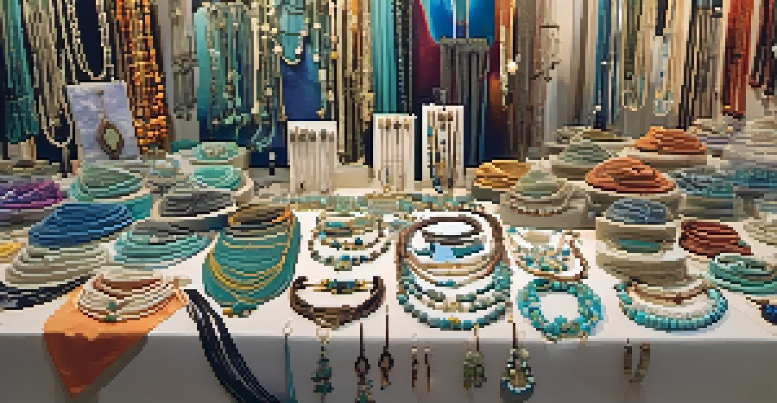 A display of handmade jewelry at a craft fair, showcasing necklaces, bracelets, and earrings in various colors and materials.