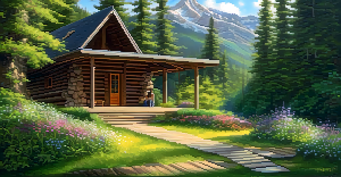 A peaceful meditation retreat in the mountains with a wooden lodge surrounded by trees and flowers, and a person meditating in the foreground.