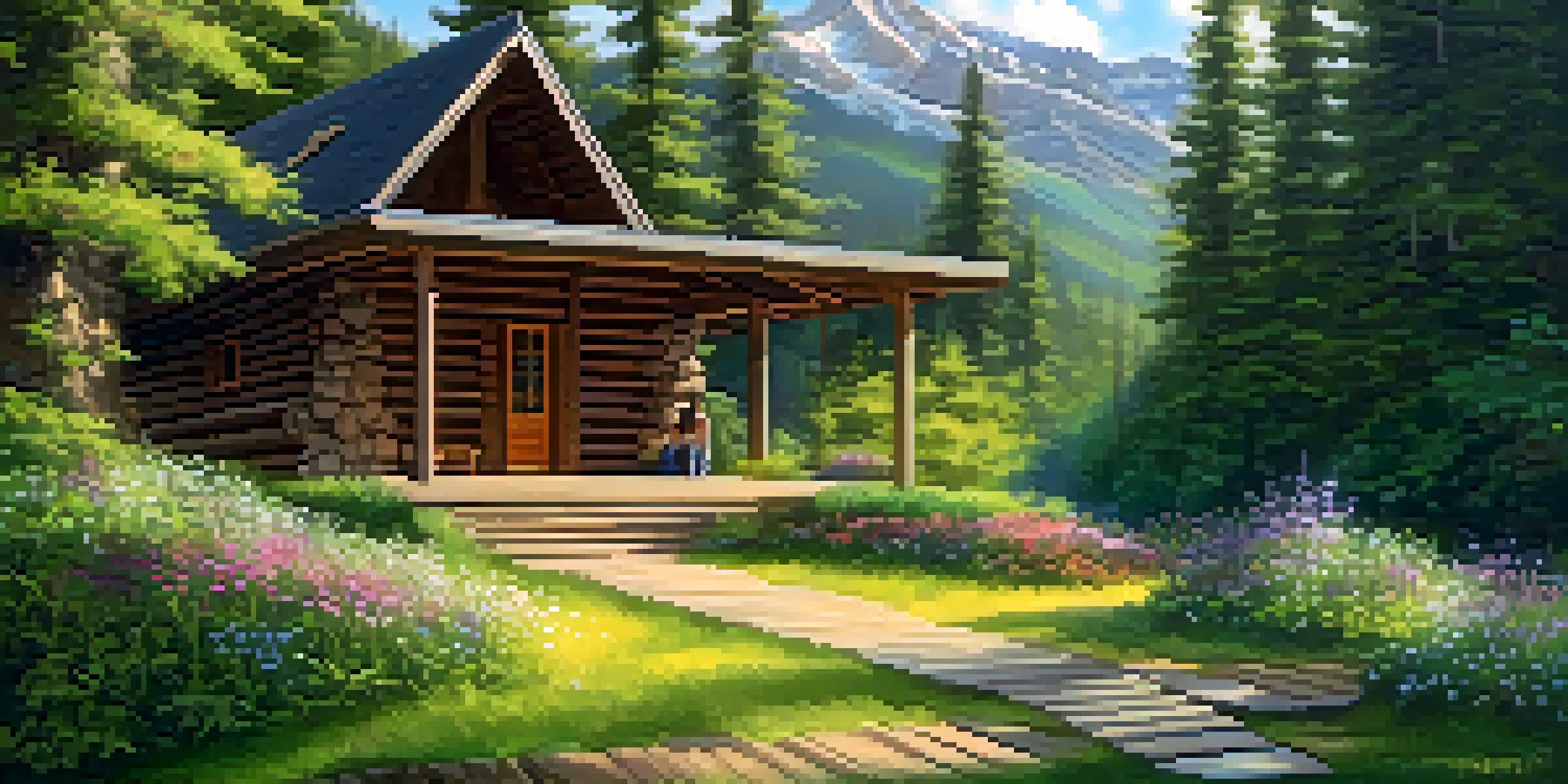 A peaceful meditation retreat in the mountains with a wooden lodge surrounded by trees and flowers, and a person meditating in the foreground.