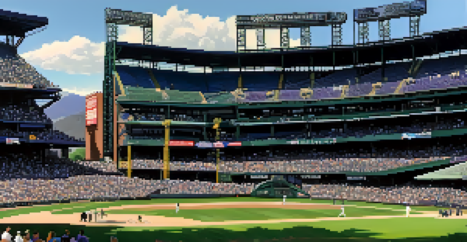 Families and friends enjoying a Colorado Rockies baseball game at Coors Field with the Rocky Mountains in the background.