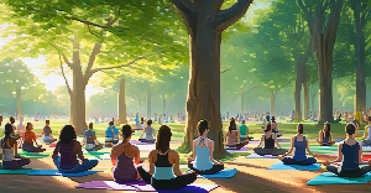People of various ages participating in an outdoor yoga class in a green park, surrounded by trees.