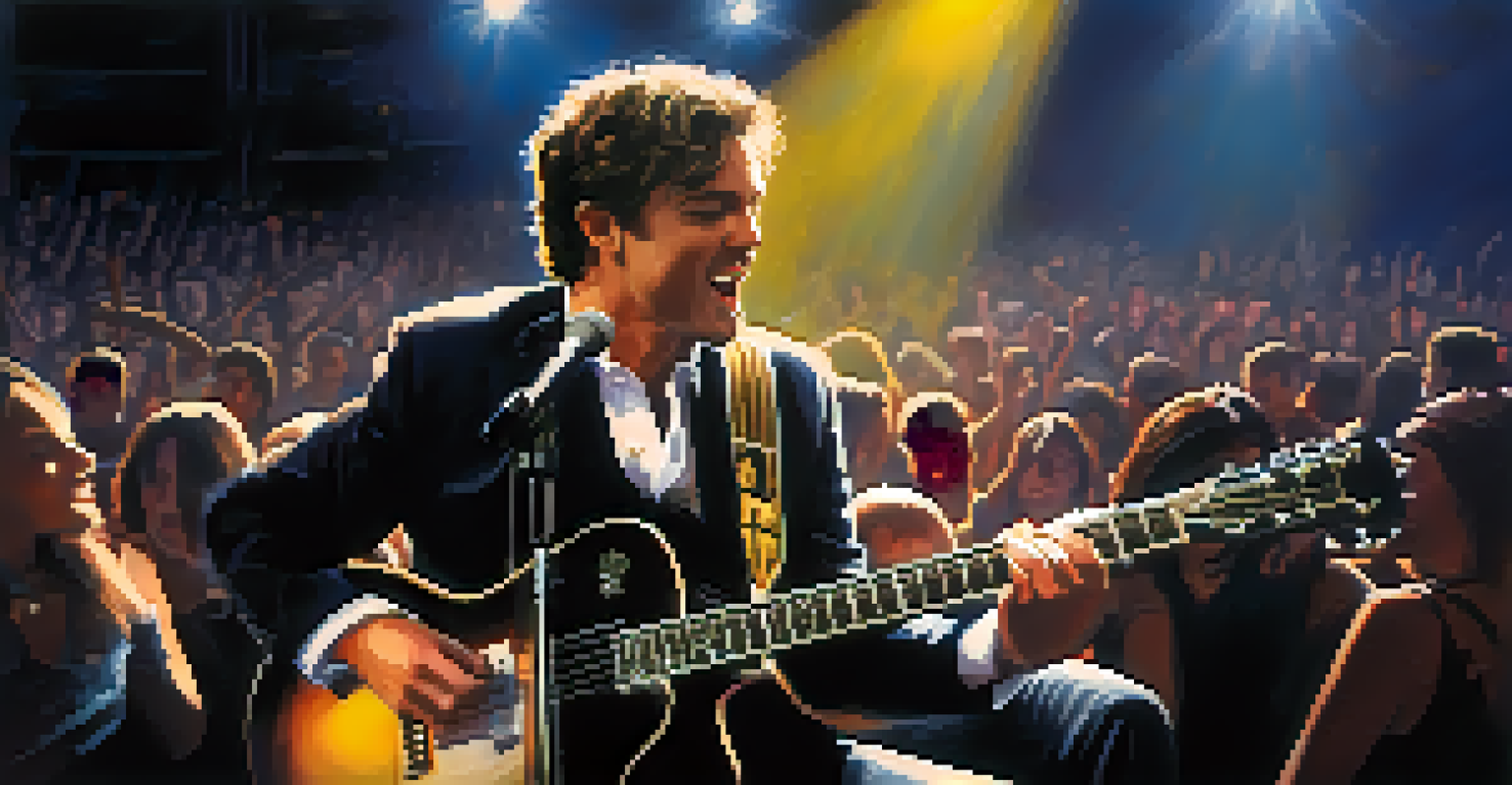 A close-up of a musician playing guitar on stage, illuminated by bright lights, with an excited audience in the background.