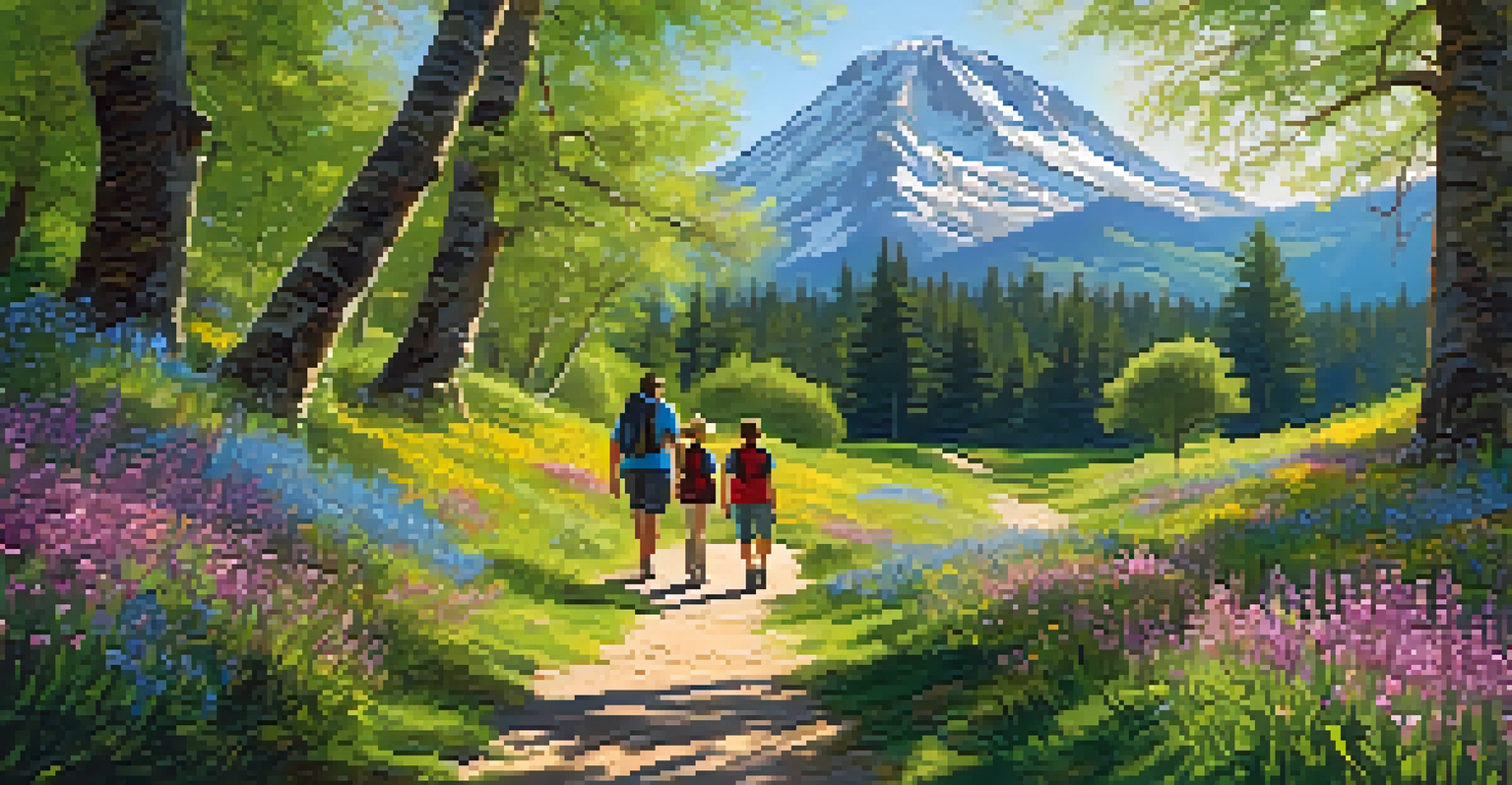 A family hiking on a colorful spring trail surrounded by wildflowers and mountains under a clear blue sky.