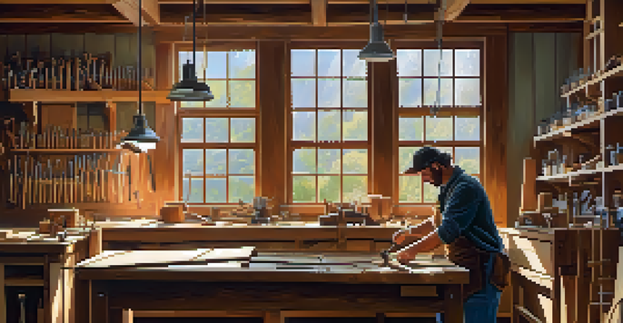 A skilled woodworker working in a well-lit workshop filled with various tools and wooden materials, with sunlight streaming through the window.
