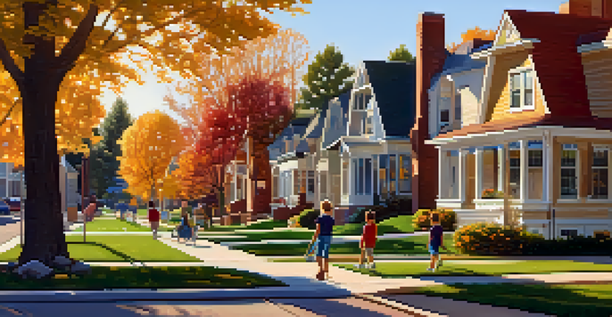 A vibrant suburban neighborhood in Denver with charming homes, colorful fall foliage, and children playing in a park near a school.