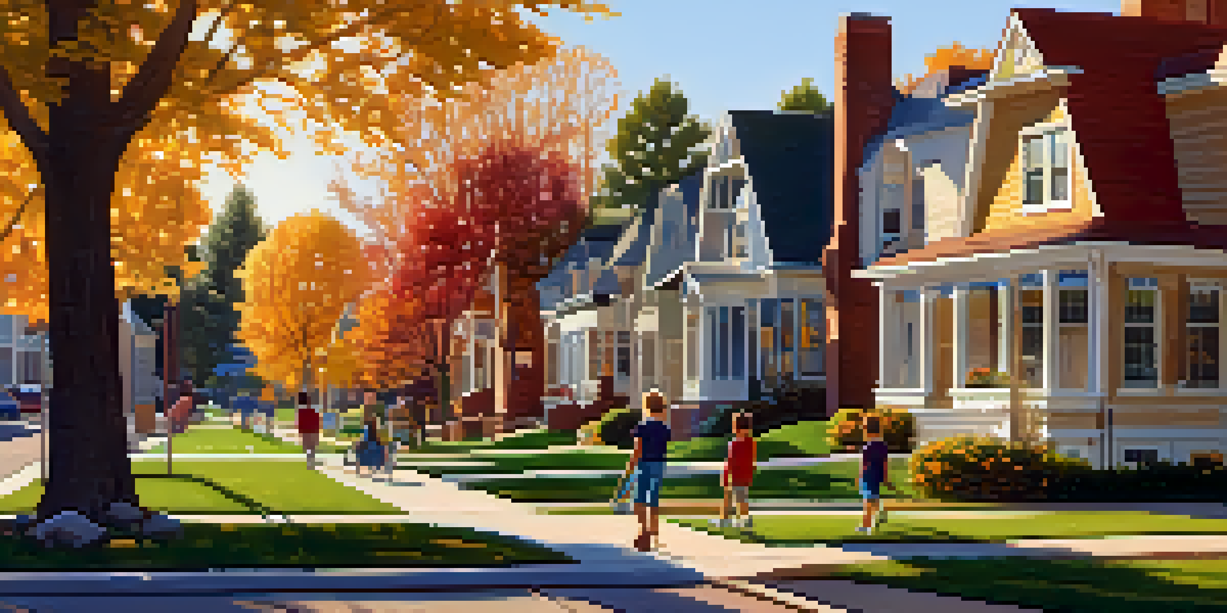 A vibrant suburban neighborhood in Denver with charming homes, colorful fall foliage, and children playing in a park near a school.