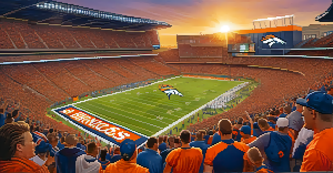 A lively football game at Empower Field with enthusiastic fans in orange and blue, under a beautiful sunset.