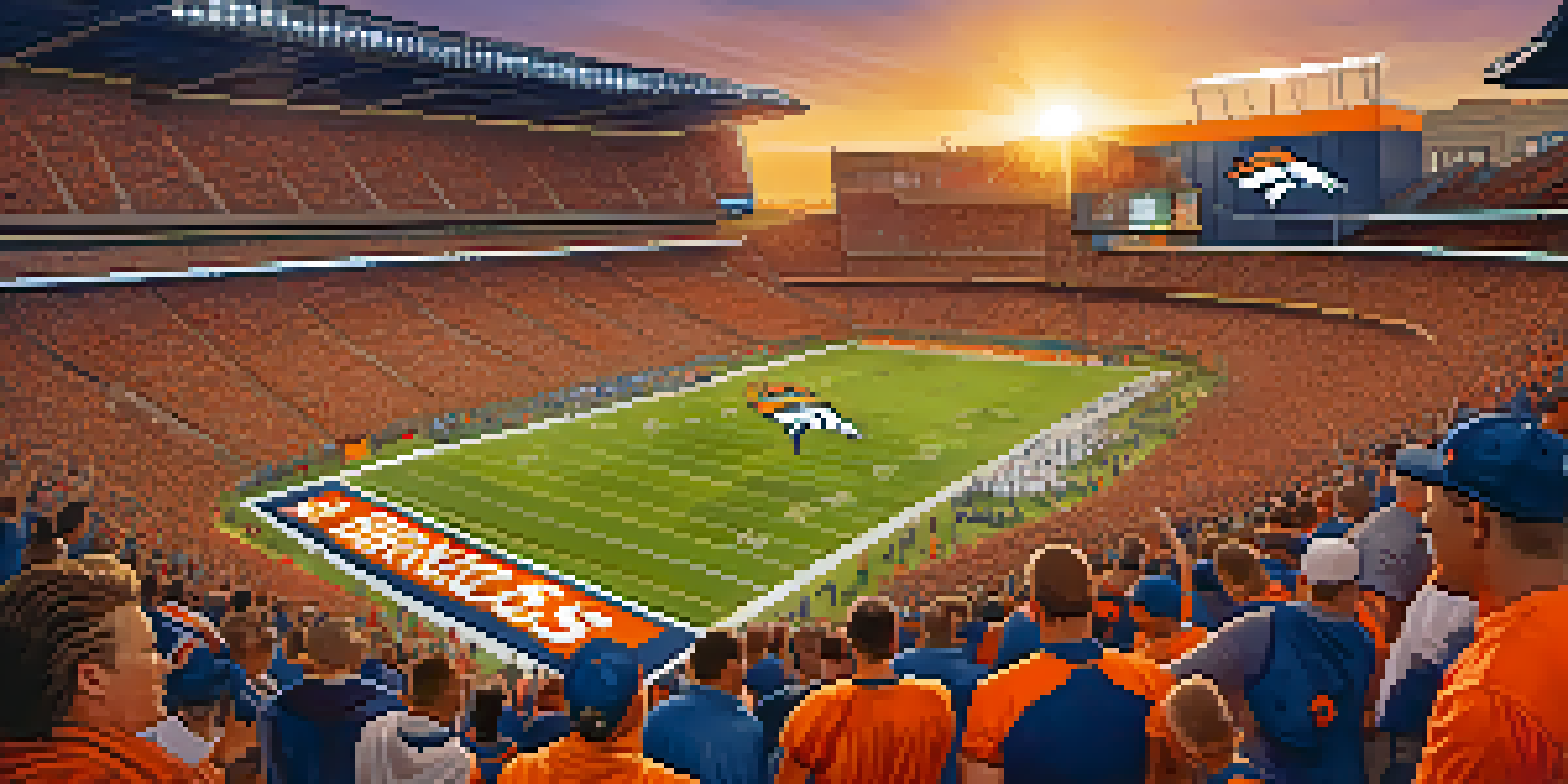 A lively football game at Empower Field with enthusiastic fans in orange and blue, under a beautiful sunset.