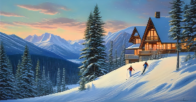 A winter scene with skiers on a snowy slope and a cozy lodge in the foreground, surrounded by tall trees and a pastel sunset sky.