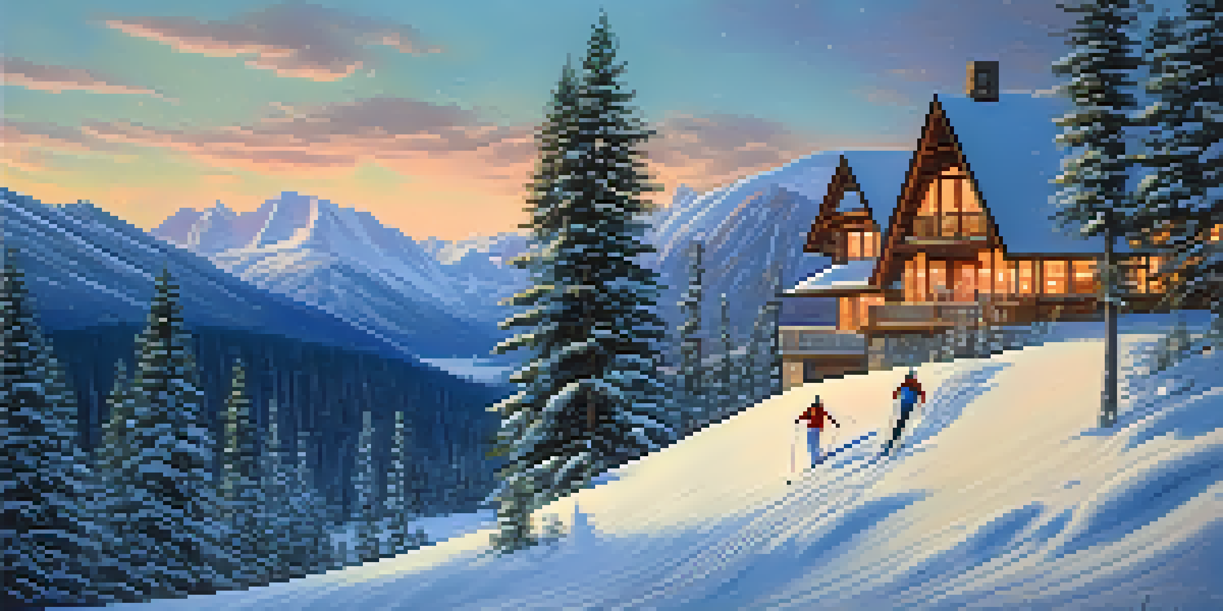 A winter scene with skiers on a snowy slope and a cozy lodge in the foreground, surrounded by tall trees and a pastel sunset sky.
