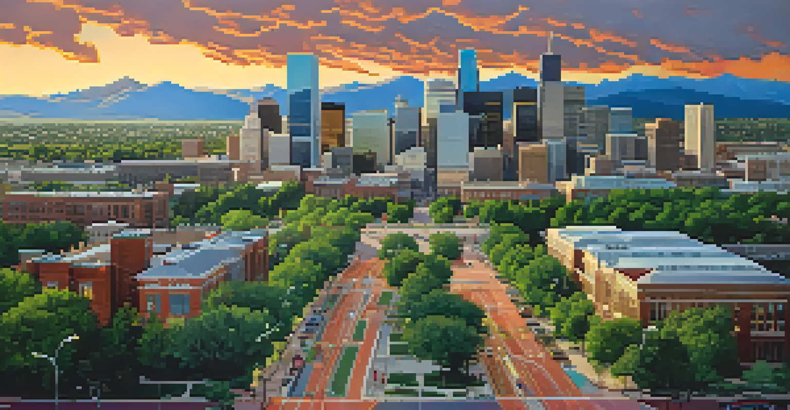 An aerial view of Denver showing new bus routes with buses on the roads and green parks visible.