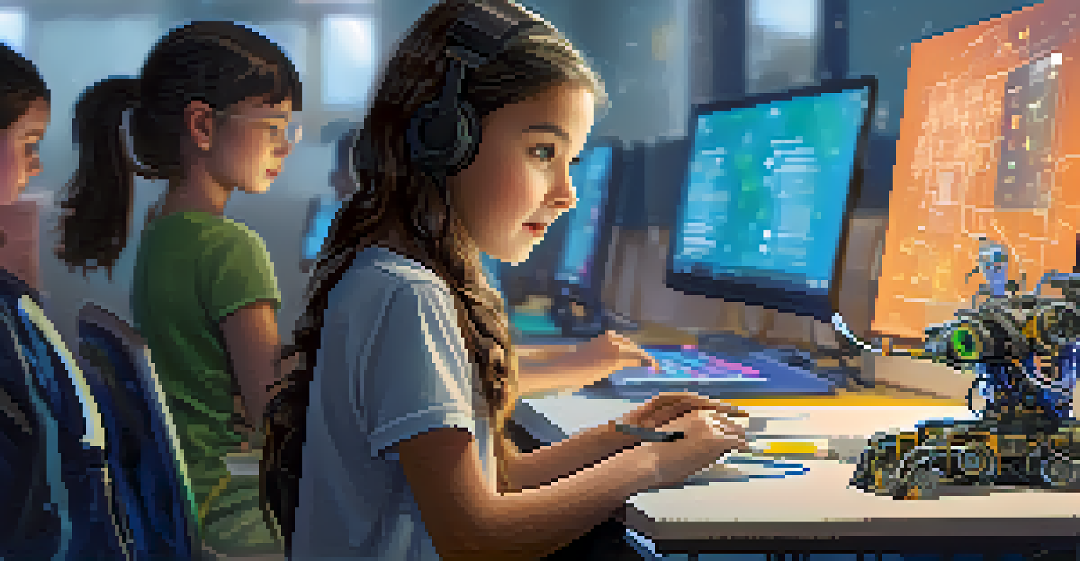A young girl programming a robot at a coding workshop, surrounded by materials and a teacher guiding students.