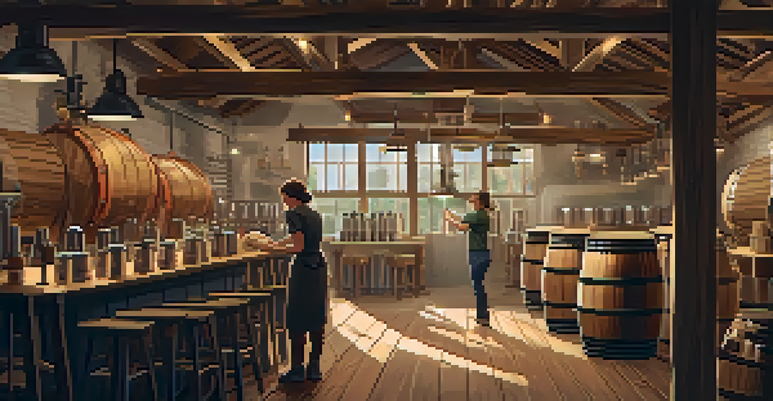 An interior view of a craft brewery with wooden barrels, a brewing setup, and a female brewmaster pouring ingredients into a kettle.