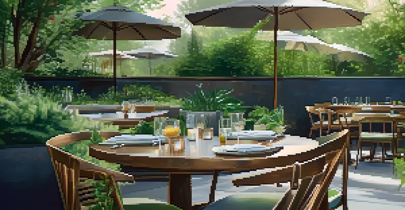 An outdoor dining scene at a restaurant in Denver featuring a gourmet plant-based meal and lush greenery.