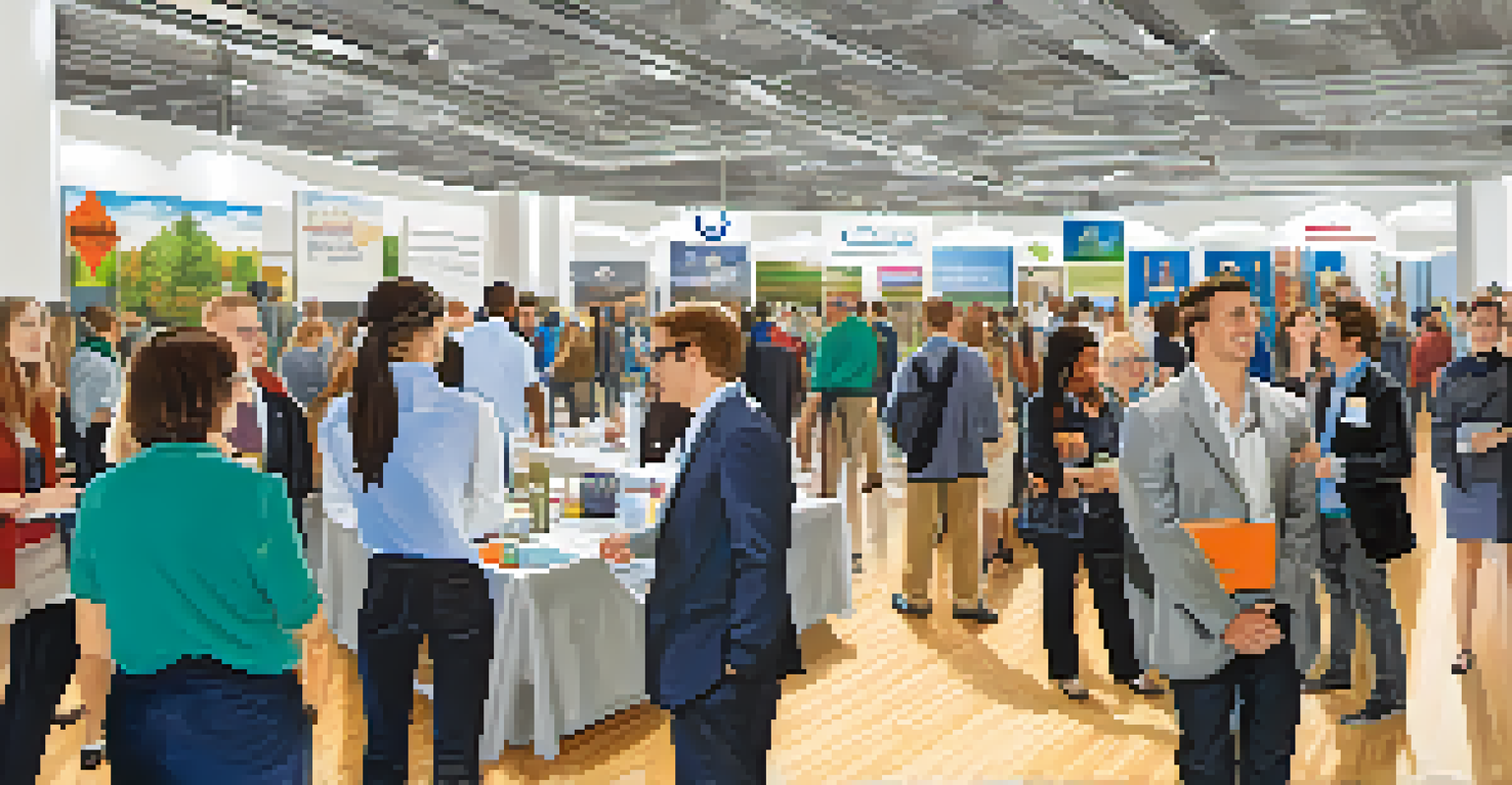 A networking event in a college setting with students and professionals interacting, exchanging ideas and resumes in a bright and modern environment.