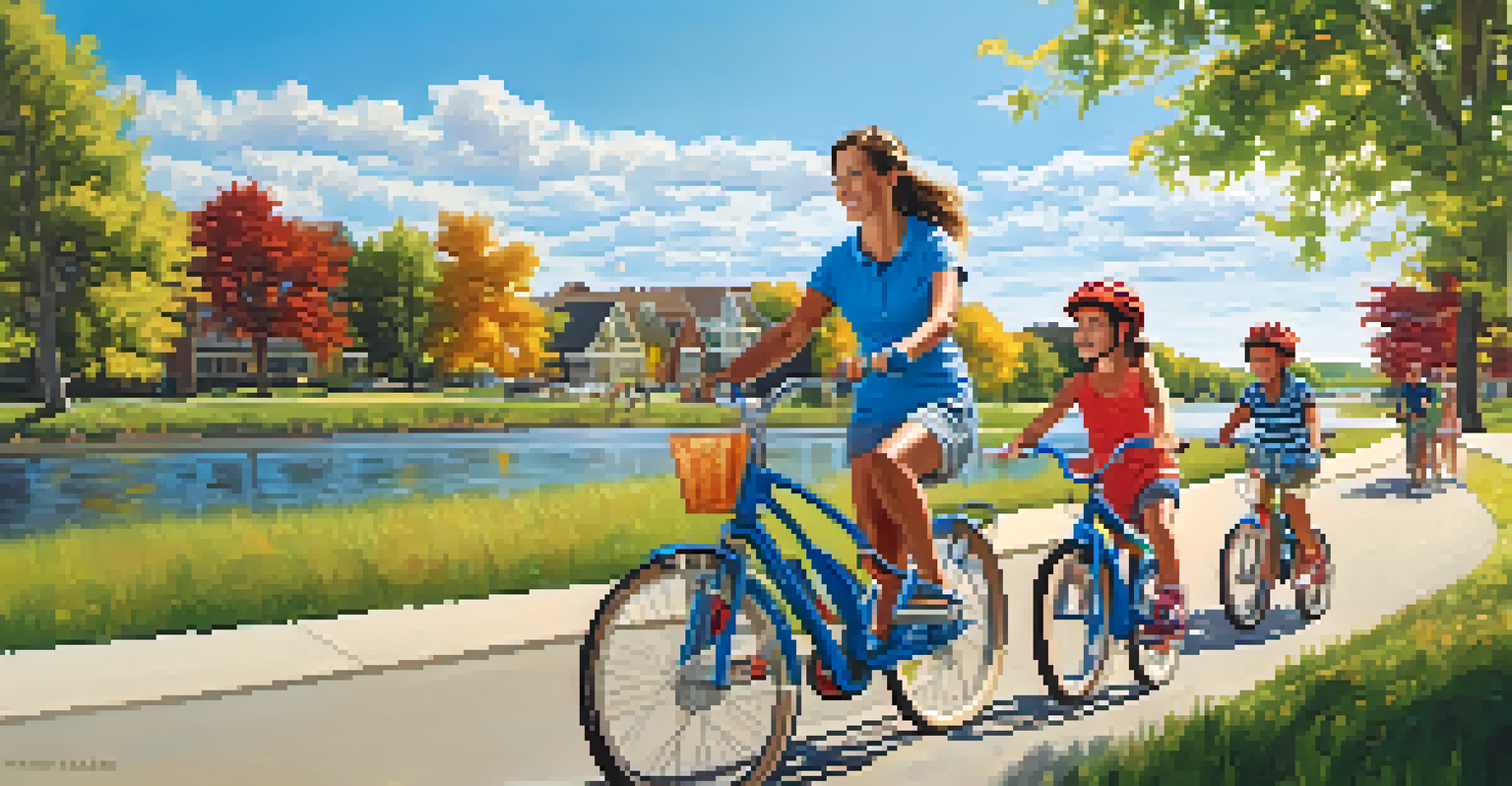 A family biking together on the Platte River Trail, with kids riding bikes and playgrounds visible in a sunny park setting.